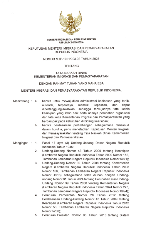 Keputusan Menteri Imigrasi dan Pemasyarakatan Nomor M.IP-10.HK.03.02 Tahun 2025 tentang Tata Naskah Dinas Kementerian Imigrasi dan Pemasyarakatan